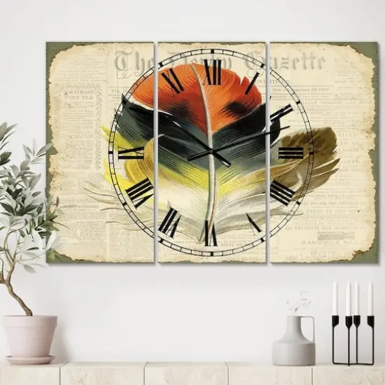 Designart Colorful Elegant Feather On Old Style Newspaper III Multipanel Wall Clock {3}