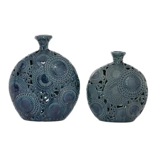 Set of 2 Blue Stoneware Eclectic Vase, 16", 13" {7}