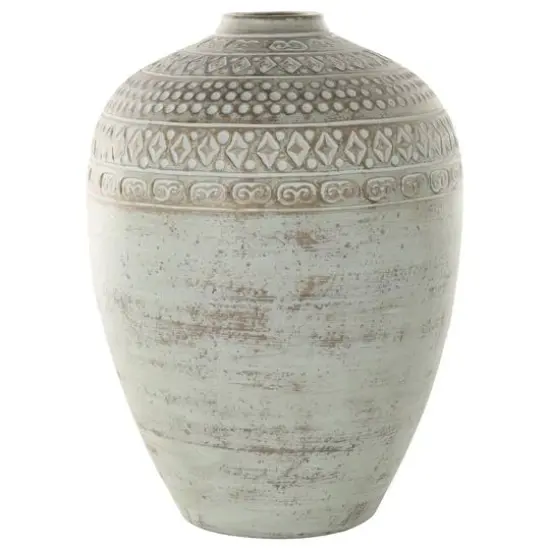 15.25" Green Ceramic Handmade Antique Style Decorative Vase with Geometric Tribal Carvings {9}