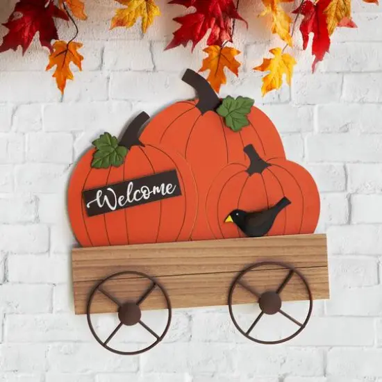 26" GlitzHome&reg; Wooden Pumpkin Cart Yard Stake {4}