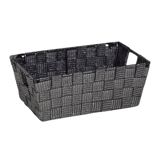 Simplify Small Black/Silver Lurex Striped Woven Storage Shelf Bin {1}