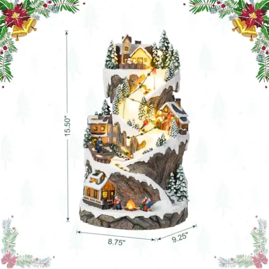 Glitzhome® 15.5" Lighted Christmas Skiing Moutain Resin Village with Movement and Music {9}