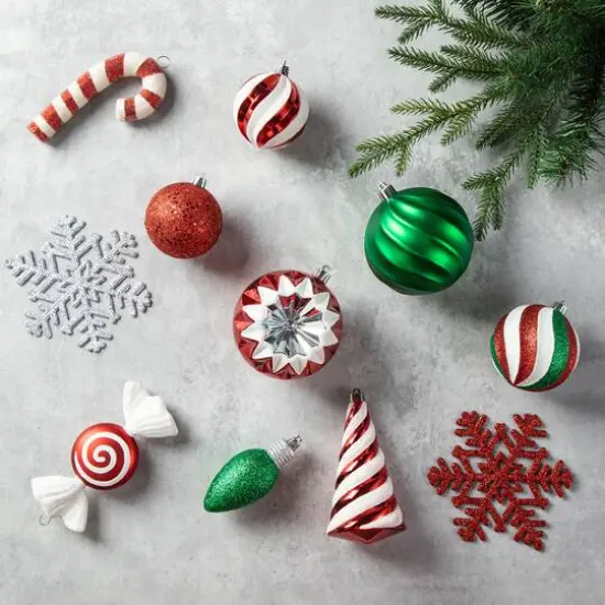 Glitzhome&reg; 160 Pack Whimsical Red & Green Deluxe Boxed Shatterproof Ornaments {4}