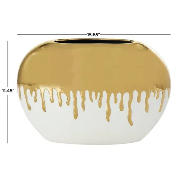 CosmoLiving by Cosmopolitan 16" White Ceramic Vase with Abstract Gold Melting Drips {6}