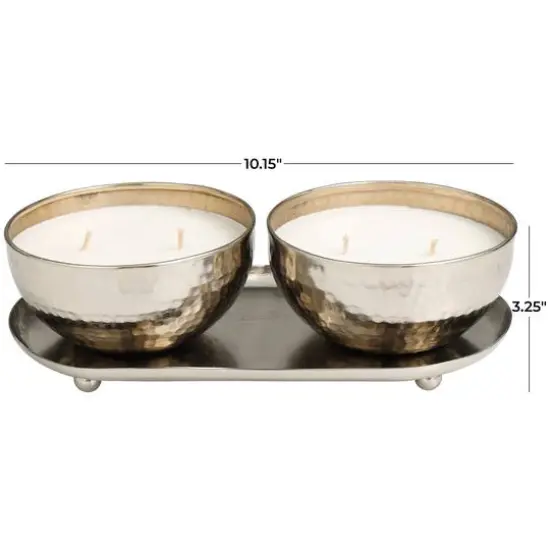 White Wax Vanilla Marshmallow Scented Candle Set with Silver Hammered Containers and Oval Holding Tray {7}
