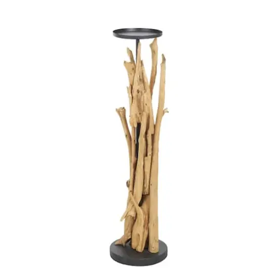39" Brown Teak Wood Handmade Tall Tree Branch Floor Candle Holder with Black Metal Accents {4}