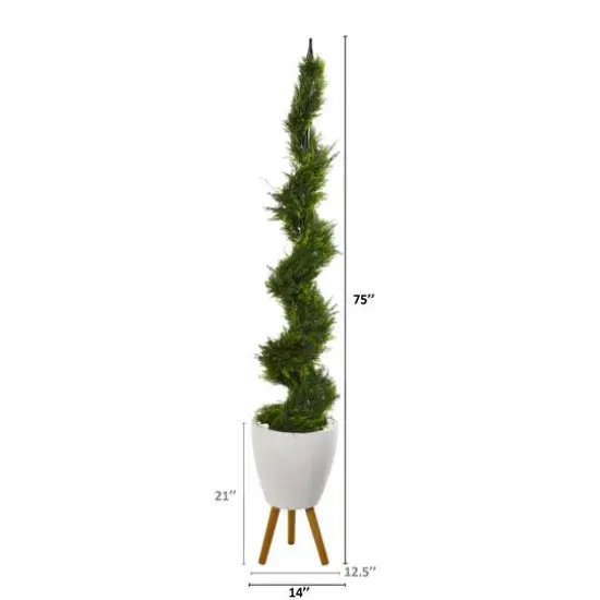 6.2ft. Cypress Artificial Spiral Tree in White Planter with Stand {3}