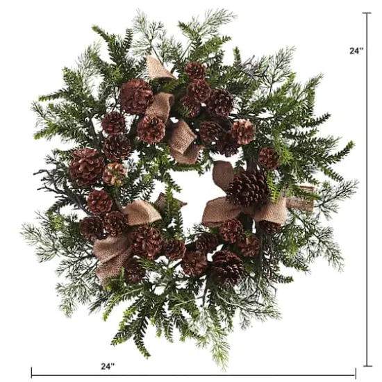 24" Pine & Pinecone Wreath with Burlap Bows {3}