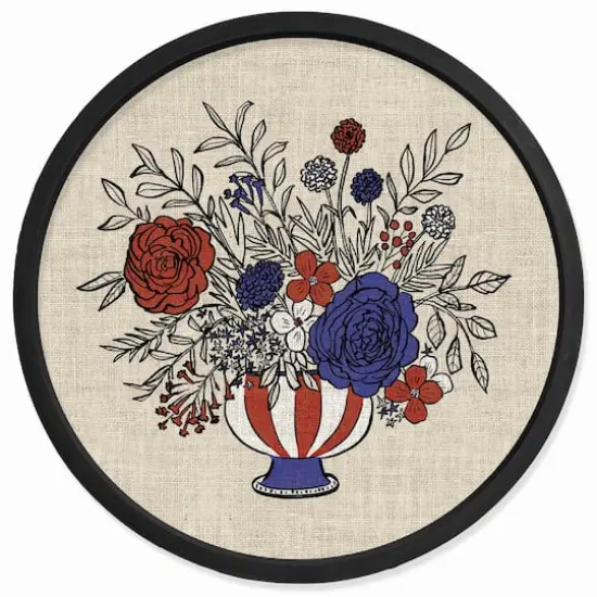20" x 20" Red, White & Blue Florals Round Framed Print Black {1}