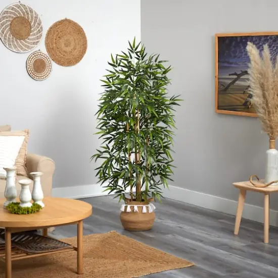 64" Bamboo Artificial Tree with Natural Bamboo Trunks in Boho Chic Handmade Natural Cotton Woven Planter with Tassels {5}
