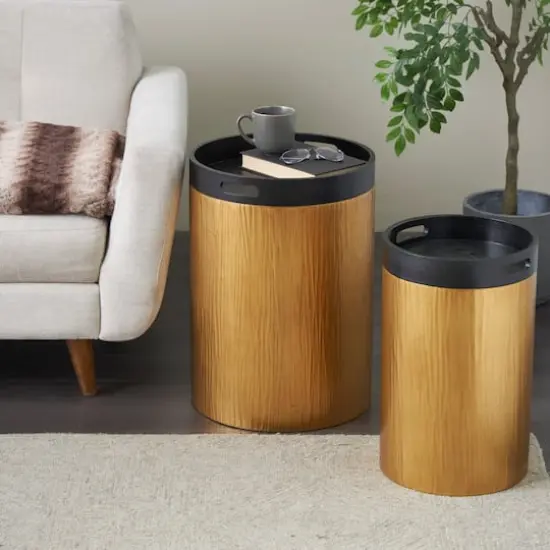 Gold Metal Nesting Accent Table with Black Tray Tabletop Set {5}