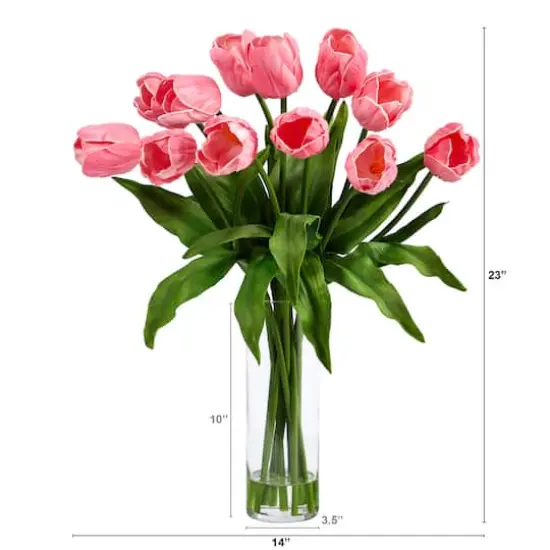 23" Artificial Tulip Arrangement with Cylinder Glass Vase Pink {3}