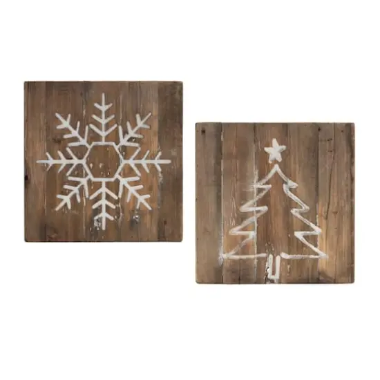 11.75" Distressed Snowflake & Tree Wood Block Set {1}