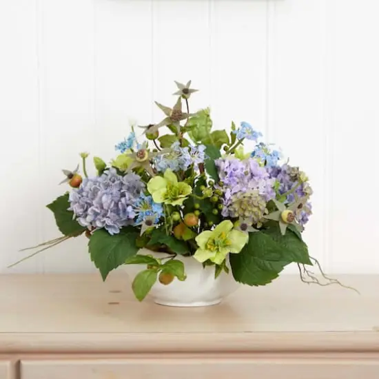 14" Blue Hydrangea Centerpiece in White Ceramic Bowl {5}