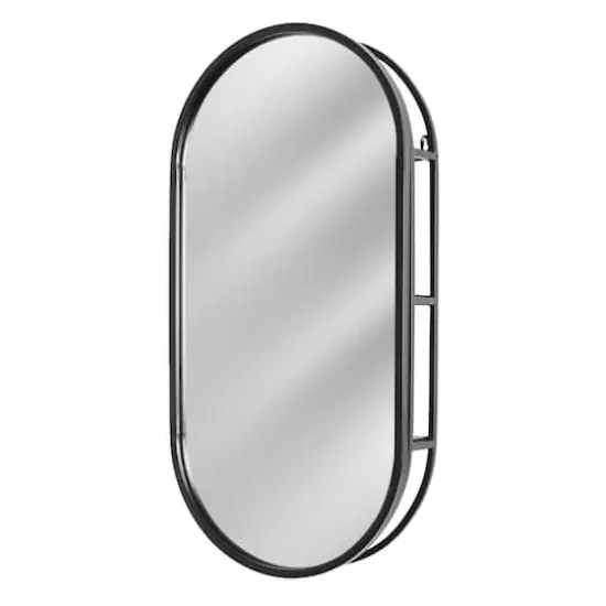 Black Metal Framed Oval Vanity Wall Mirror with Shelves - 15" x 30" {1}
