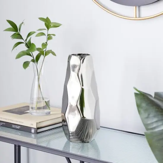 Contemporary Geometric-Style Metallic Silver Aluminum Vase, 12" x 5.7" x 5.4" {8}
