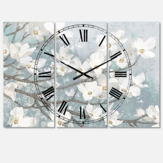 Designart Blue On Grey Blossoms Traditional 3 Panel Wall Clock {1}