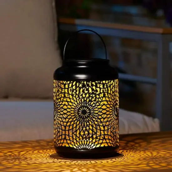 Glitzhome&reg; 9" Cutout Metal Solar Powered Outdoor Hanging Lantern Black/Gold {5}