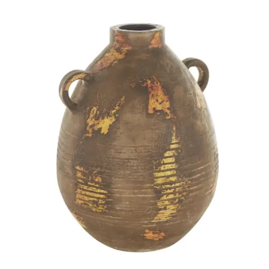 15.25" Brown Ceramic Antique Style Distressed Vase with Grooves & Handles {4}