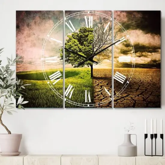 Designart Global Warming Traditional 3 Panel Wall Clock {3}