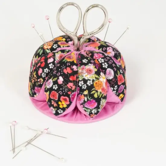 Dritz&reg; Black & Pink Floral Pin Cushion with Scissors {3}