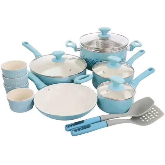 Spice by Tia Mowry Savory Saffron Blue 16 Piece Ceramic Nonstick Cookware Set {1}