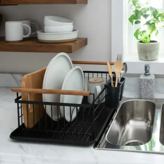 Kitchen Details Acacia Wood Black Drying Rack with Draining Tray {3}