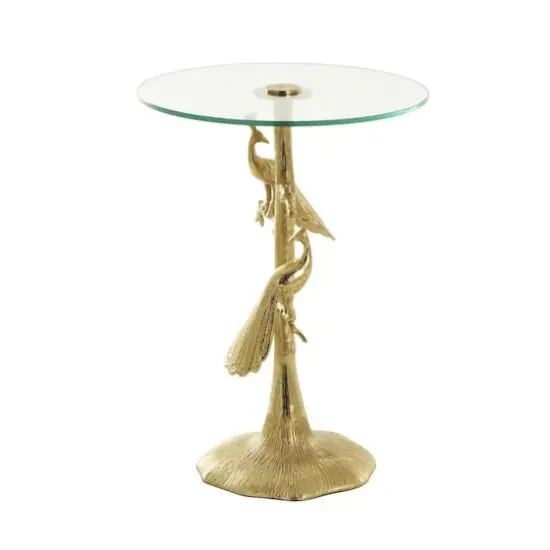 22.25" Gold Aluminum Peacock Textured Accent Table with Glass Tabletop {9}