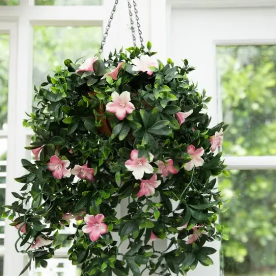 34in. UV Resistant Artificial Azalea Hanging Basket (Indoor/Outdoor) {7}