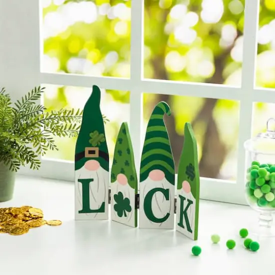 Glitzhome&reg; 12.25" St. Patrick's Wooden Luck Shamrock Gnome Table Decor {4}