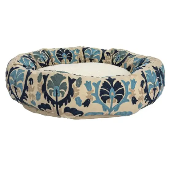 Hello Honey&reg; 24" Natural, Blue & Gray Round Floral Cotton & Sherpa Pet Bed {5}
