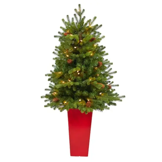 3.5ft. Pre-Lit Yukon Mountain Fir Artificial Christmas Tree in Red Planter, Clear Lights {1}