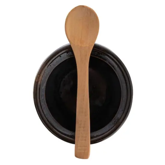 Hello Honey&reg; 4.4" Black Stoneware Sugar Pot with Lid & Wood Spoon {4}