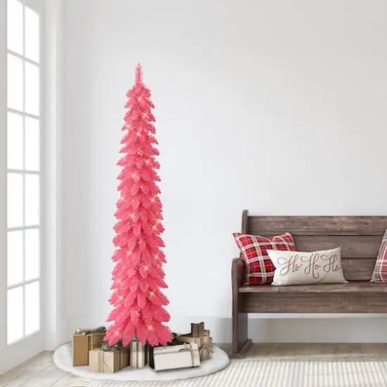 6ft. Pre-Lit Pink Alpine Artificial Pencil Tree, Clear Lights {4}