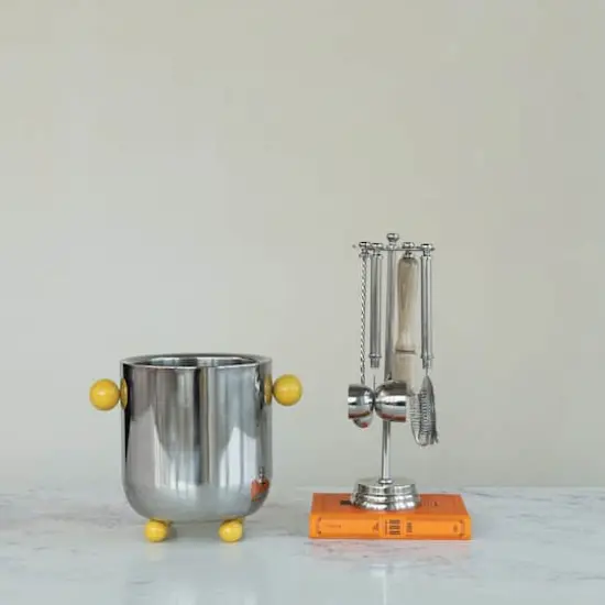 Hello Honey Stainless Steel Ice Bucket with Citron Color Enameled Ball Handles and Feet, Silver {4}