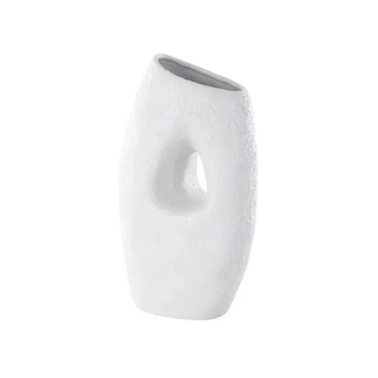 15" White Ceramic Abstract Textured Vase with Cutout Center {1}