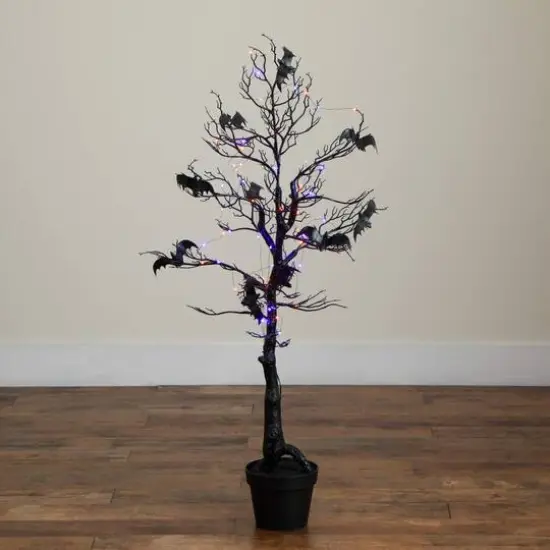 4ft. Pre-Lit Artificial Halloween Black Spooky Twig Tree with Bats and 120 Orange & Purple LED Lights {11}