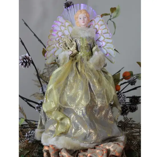 16" Gold & Brown Lighted Angel in Gown with Harp Tree Topper {4}
