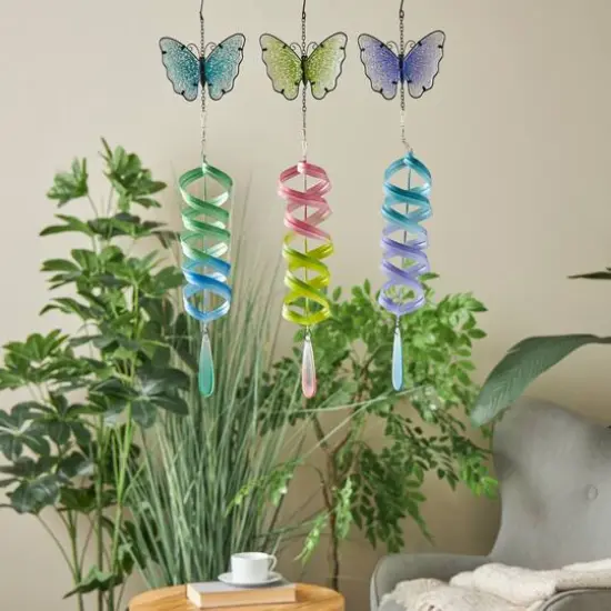 26.5" Multicolor Butterfly Swirl Metal Wind Spinner Windchime Set {3}