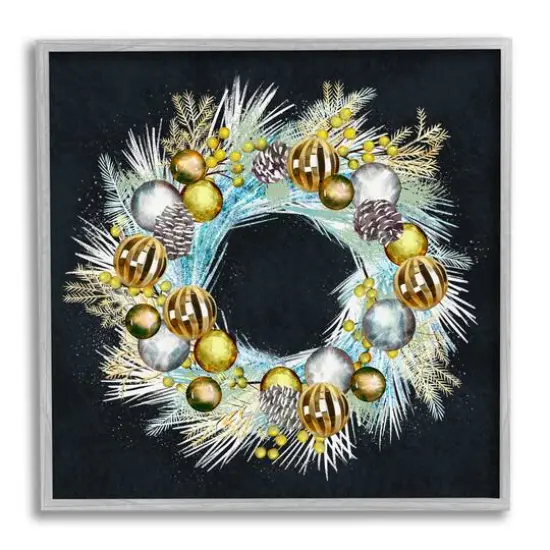 Stupell Industries Seasonal Ornaments Pine Wreath Framed Giclee Art Gray {1}