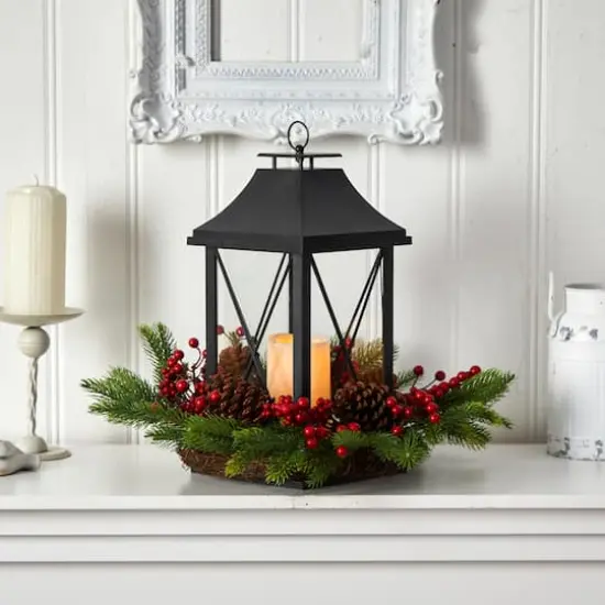 16" Christmas Berries, Pinecones & Greenery with Lantern and LED Candle Artificial Table Arrangement {3}