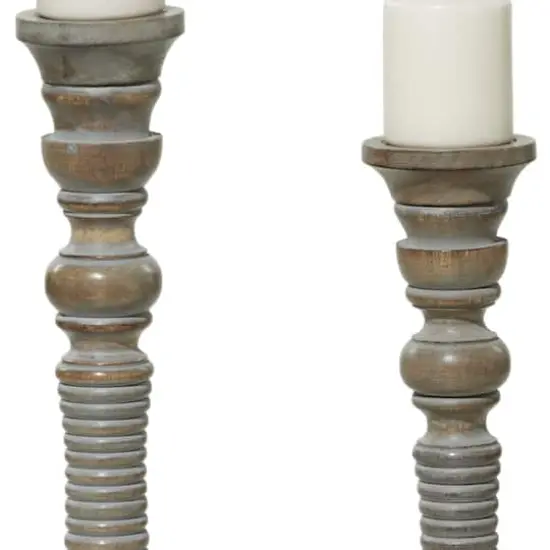 Light Gray Mango Wood Traditional Candle Holder Set {4}