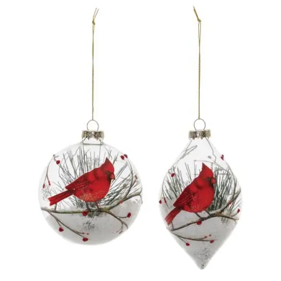 Glittered Glass Cardinal Ornament with Snow & Pine Filler Set {6}