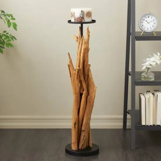 39" Brown Teak Wood Handmade Tall Tree Branch Floor Candle Holder with Black Metal Accents {9}