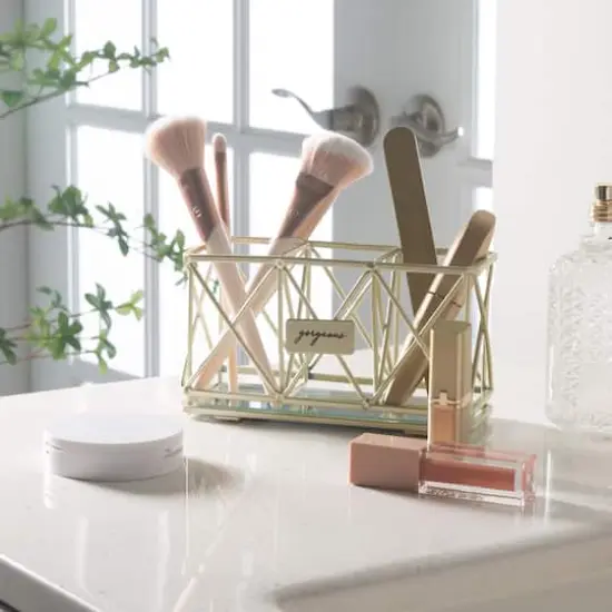 Home Details 3-Compartment Cosmetic Brush & Pencil Holder Satin Gold {5}