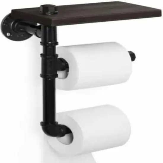 Black Wall-Mounted Double Toilet Paper Holder with Wooden Shelf {1}