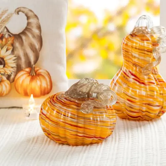 Glitzhome&reg; Fall Multi Stripes Glass Pumpkin {4}