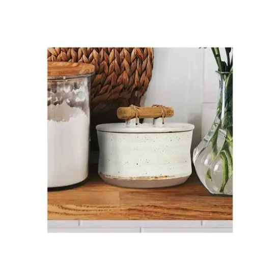 Hello Honey&reg; 6.75" Beige Reactive Glaze Stoneware Canister with Pine Wood & Jute Handle Lid {3}