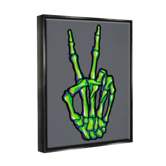 Stupell Industries Green Skeleton Peace Hand Framed Floater Canvas Wall Art Black {4}