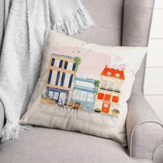 Watercolor French Shops Throw Pillow {3}